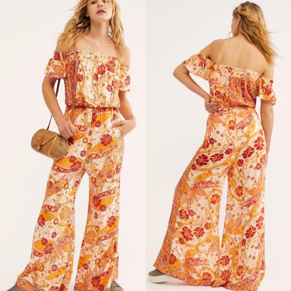 Free People Bohemian Wide Leg Orange Yellow Floral Jumpsuit Carmen Smock XS Boho
